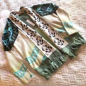Gypsy05 Aruna Intarsia Drape Knit Fringe Cardigan